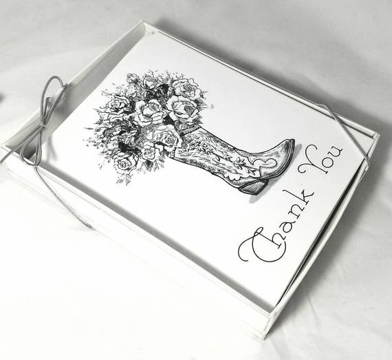 Thank you cards box set of six note cards country cowgirl boots and roses pen and ink illustration drawing
