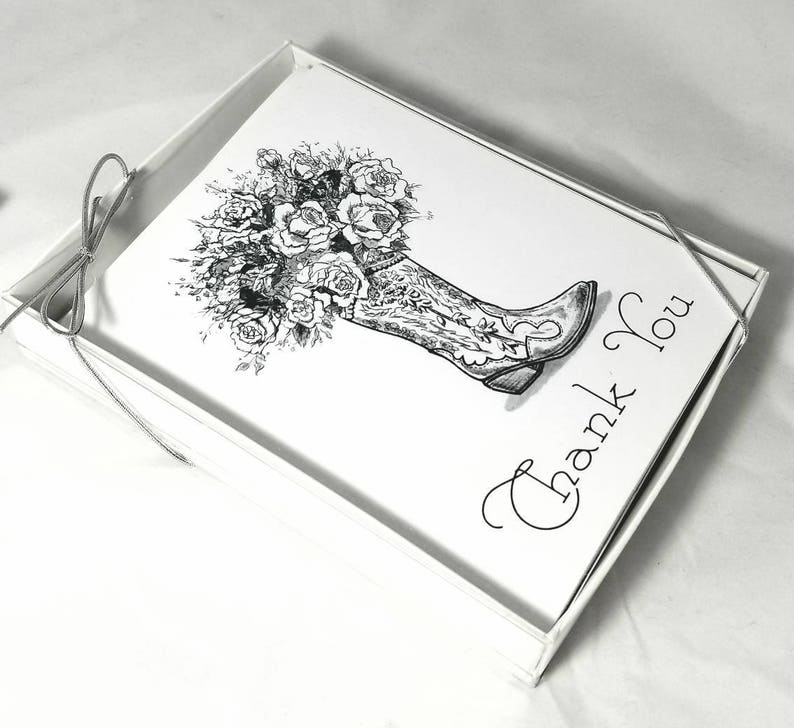 Thank you cards box set of six note cards country cowgirl boots and roses pen and ink illustration drawing