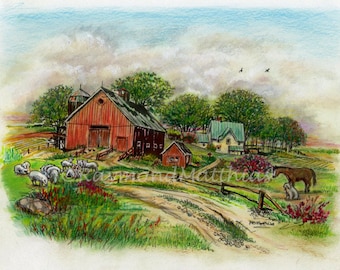 Barn farm spring summer pen and ink watercolor fine art print 5x7