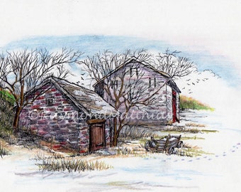 Rustic Stone Barn color pen and ink watercolor pencil matted drawing 5x7 print