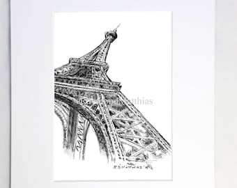Eiffel tower fine art pencil drawing pen and ink illustration matted print