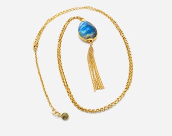 Long Gold Tassel Necklace with Labradorite