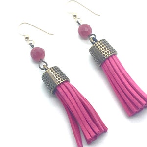 Leather Tassels, Tassel Earrings, Tassel Jewelry, Pink Leather, Pink Earrings, Trending Jewelry, Gift for Her,Trending Earrings,Fun Earrings