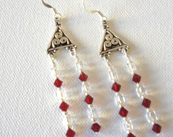 Puissance du Triangle, Argent Sterling, Cristaux Swarovski, Rouge, Boucles d'oreilles crochet, Idées cadeaux