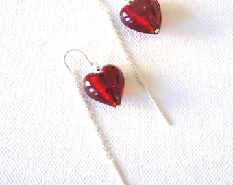 Flaming Hearts, Sterling Silver, Murano Glass, Red, Chain Hook, Romantic, Valentines, Gift Idea