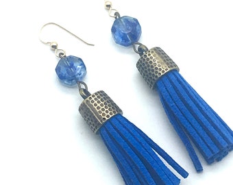 Tassel Earrings, Leather Tassels, Tassel Jewelry,Blue Tassels,Blue Leather,Fun Earrings,Brass Jewelry,Gifts for Her,Fun Gift Ideas,Leather