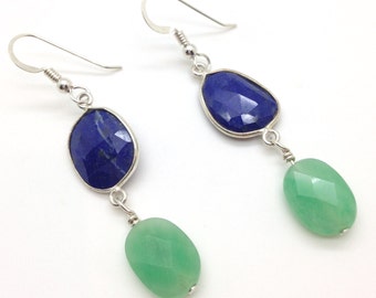 Go Seahawks!, Earrings, Drop Earrings, Bezel Set, Blue Lapis, Green Chalcedony, Blue, Green, Bead Earrings, Sterling Silver, Hooks, Gift