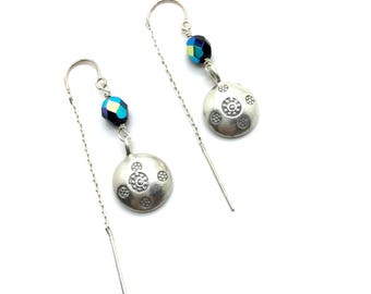 Hill Tribe Pure Silver Threaded Earrings with Peacock Bead