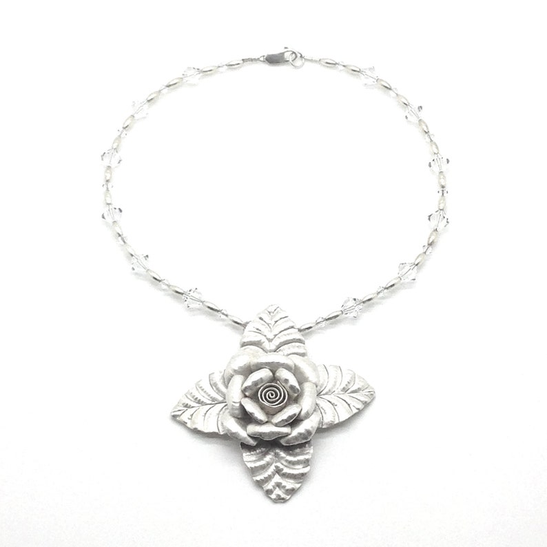 Pure Silver Flower Pendant on Choker of Sterling and Swarovski Crystals image 1