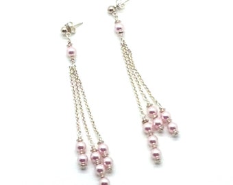 Femininity, Sterling Silver, Swarovski Pearls, Pink, Chain, Romantic, Earrings, Gift Idea