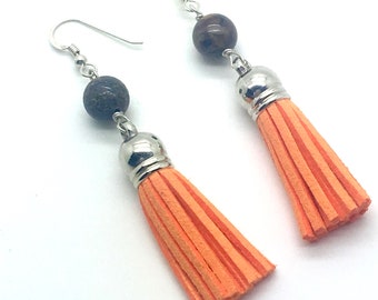 Tassel Earrings,Leather Tassels,Orange Tassels,Fun Earrings,Trending Jewelry,Trending Earrings,Leather Jewelry,Gift for Her,Fun Gift Ideas