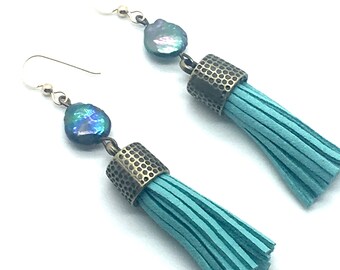 Tassel Earrings,Tassel Jewelry,Leather Tassels,Turquoise,Abalone,Pearl,Bronze,Fun Earrings,Trending Earrings,Trending Jewelry,Gift for Her