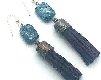 Tassel Earrings,Tassels,Tassel Jewelry,Leather Tassels,Leather Jewelry,Fun Jewelry,Gifts Ideas,Gift for Her,Jasper,Turquoise,Earth and Sky