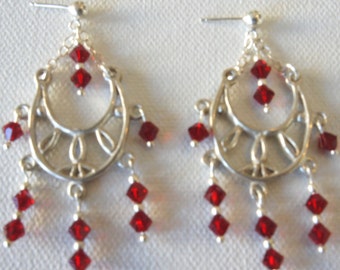 The Webs We Weave, Sterling Silver, Swarovski Crystal, Red, Filigree, Post Earrings, Dangle Earrings, Gift Idea