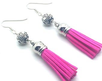 Tassel Earrings,Leather Jewelry,Leather Tassels,Tassel Jewelry,Pink Earrings,Fun Earrings,Gift for Her,Gift Ideas,Trending Jewelry,Trending