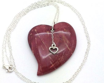 Long Sterling Silver Necklace with Red Jasper Heart Pendant