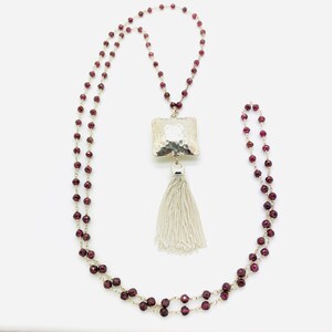 Long Sterling Silver and Garnet Necklace with Tassel Pendant