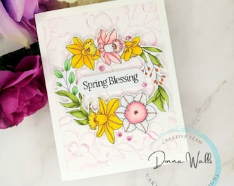 Digital Stamps - Daffodil Wreath, Floral digi stamp, card making, scrapbooking, spring paper craft, crafters, digi stamp