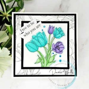 Selos digitais - Tulipas do meu quintal, carimbo digital floral, confecção de cartões, scrapbooking, artesanato em papel de primavera, artesãos, carimbo digital