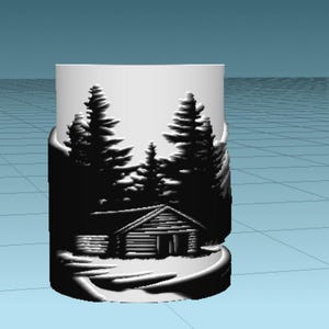 May include: A white ceramic mug with a black silhouette of a cabin in the woods. The cabin has a chimney and a door. There are trees surrounding the cabin.