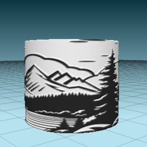 May include: A white ceramic mug featuring a black and white mountain scene design. The scene depicts a lake, mountains, trees, and clouds.