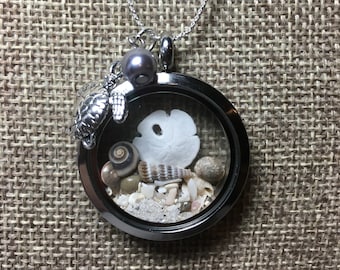 Real Sand Dollar Locket Necklace, Florida Beach Sand, Turtle Charm
