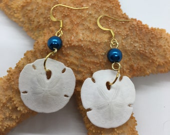 Sand Dollar Earrings, Blue Pearl, Gold Earrings, Sand Dollar Dangly Earrings, Sand Dollar