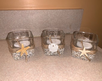 Set of three Beach TeaLight Holders, Home Decor, Beach Home Decor, Bathroom Decor,  Candle Holders, Beach Candle Holders, wedding Favors, We