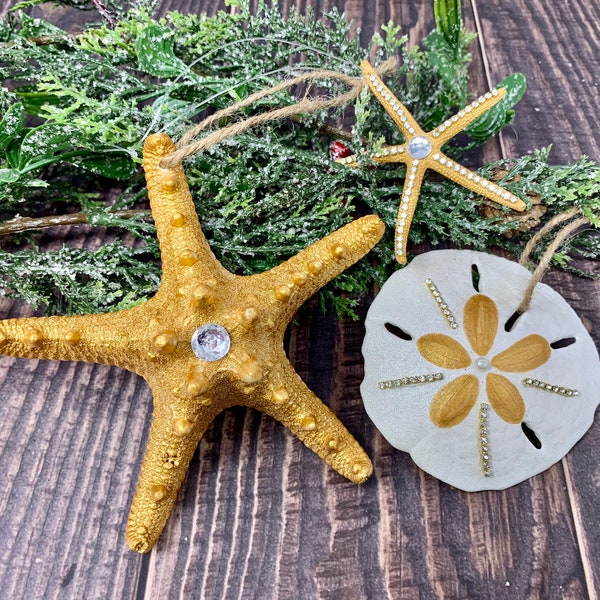 Set of 3 beach ornaments, coastal ornaments, Christmas ornaments, sand dollar ornament, starfish ornament, beach ornaments