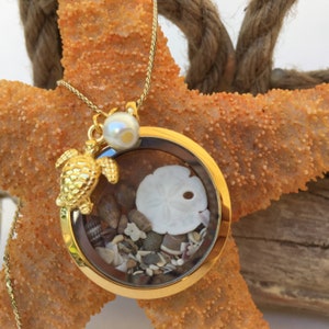 Könnte beinhalten: Goldene Halskette mit einem Anhänger in Form eines Medallions mit Muschel- und Sanddesign. Das Medaillon ist geöffnet und enthält eine Vielzahl kleiner Muscheln und einen Sanddollar. Ein kleiner goldener Schildkrötenanhänger hängt am Medaillon. Ein einzelner Perlenanhänger befindet sich an der Kette über dem Medaillon.