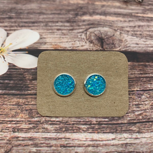 10mm | turquoise Druzy Stud Earrings | Silver Stud  Earrings | Small Earrings | Faux Druzy Earrings