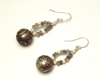 Tahitian carved pearl and labradorite earrings