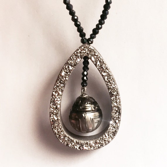 Designer Black Spinel, Platinum Druzy Quartz and Carved Tahitian