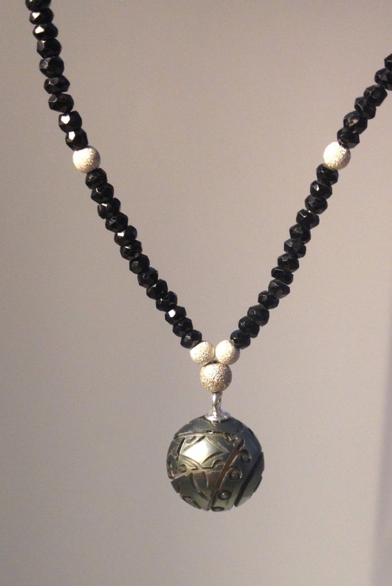 Black Tahitian Carved Pearl & Black Spinel Necklace in Sterling 