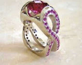 Raspberry Rhodolite Garnet and pave pink sapphire ring in 18k white gold.