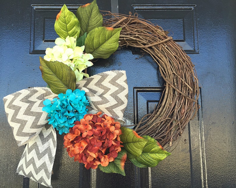 spring door wreath turquoise and green hydrangea wreath wreaths Orange hydrangea wreaths spring decor