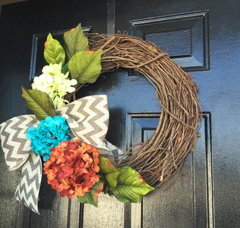 spring door wreath turquoise and green hydrangea wreath wreaths Orange hydrangea wreaths spring decor