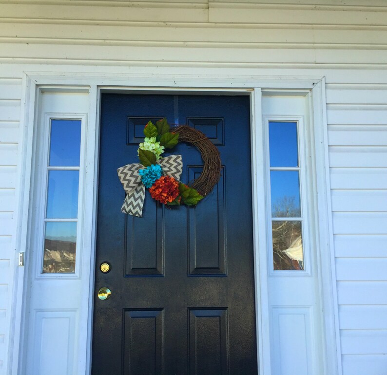 spring door wreath turquoise and green hydrangea wreath wreaths Orange hydrangea wreaths spring decor