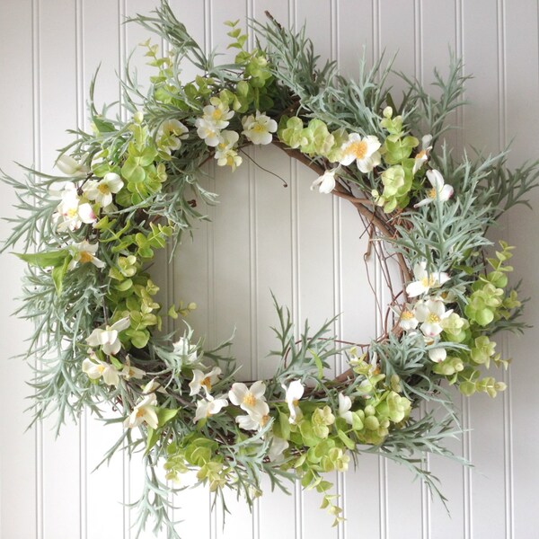 Summer wreath with white florals and eucalyptus. Wreath for summer. wreath for door. summer door wreath.