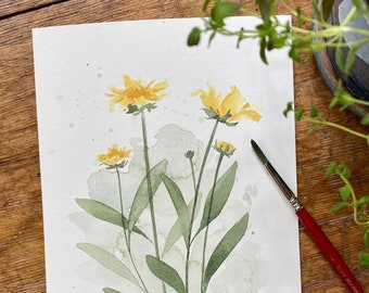 Original 6" x 8" Watercolor Flower Painting, Yellow Floral Painting, Botanical Wall Art