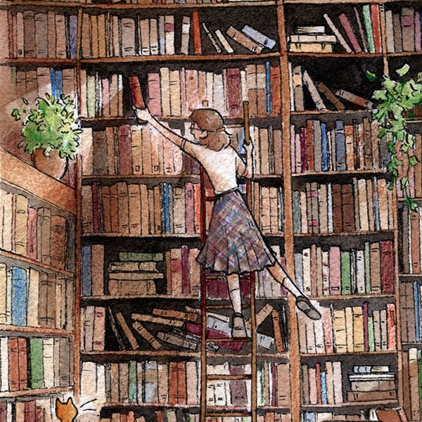 Bibliophile - Watercolor Illustration, Art Print, Giclee, Books, Library, Bookshelves, Cozy, Bookish