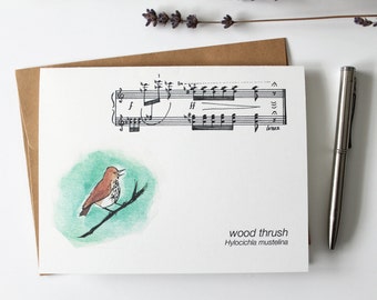 Musical Bird Notecards - Set of 5 Blank Bird Notecards: Wood Thrush, Bluebird, Robin, Chickadee, Goldfinch. Assorted Bird Cards.