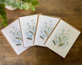 Floral Watercolor Notecards - Set of 4 Blank Cards: Forget-Me-Not