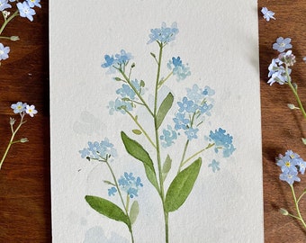 Original 4" x 6" Watercolor Forget-Me-Not Painting, Blue Floral Painting, Botanical Wall Art