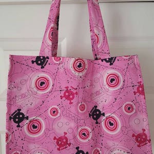 Pink Skull and Cross Bones Reusable Shopping Bag, Shopping Bag, Reusable Shopping Tote, Eco-friendly Shopping Bag, Grocery Bag, Pink Skulls image 1