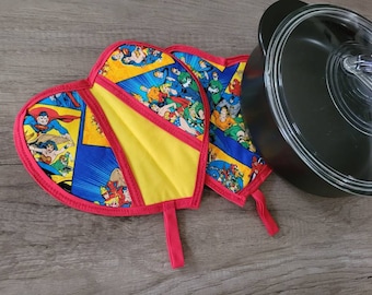 Heart Shaped Potholders, Potholders, DC Super Heros Potholders, DC Super Heros, House Warming Gift, DC Super Heros Theme Kitchen