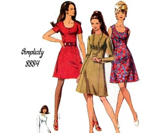 Sewing Pattern Simplicity 8884 Mod Vintage 1970 Misses A-line Princess Dress With Two Necklines In Two Lengths