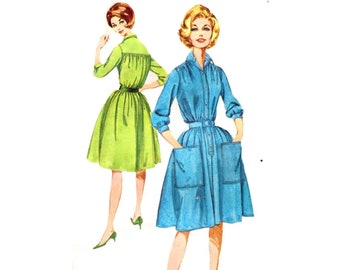 Butterick 2420 Womens' 1960s Vintage Full Gathered One Pece Shirt Dress With Gathered Yoke, Three Quarter Sleeves Uncut Sewing Pattern