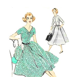 May include: A vintage illustration of two women wearing dresses. The woman on the left is wearing a green dress with a white belt and a white bow at the neckline. The woman on the right is wearing a gray dress with a white collar and a white belt.