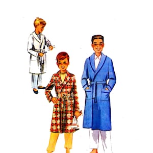 May include: Three boys wearing different colored robes. The boy on the left is wearing a white robe with blue and white stripes. The boy in the center is wearing a red and black plaid robe. The boy on the right is wearing a blue robe with a white collar.